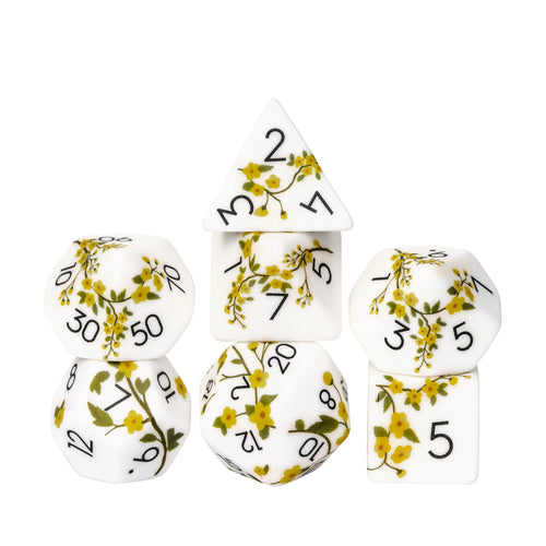 Stacked display of Buttercup Bloom Dice Set 7 piece collection for DnD & DnD 5e