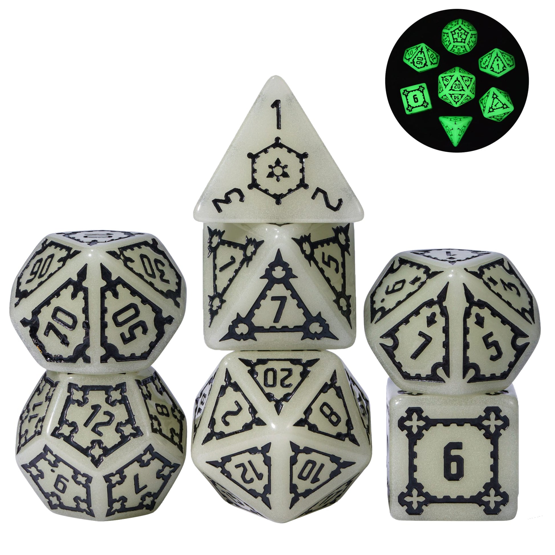 Castle Glow & Black Huge Dice Set glowing in the dark with gothic black numbers for DnD & DnD 5e