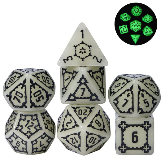 Castle Glow & Black Huge Dice Set glowing in the dark with gothic black numbers for DnD & DnD 5e