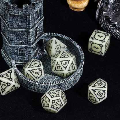 Castle Glow & Black Huge Dice Set displayed with dice tower for DnD & DnD 5e