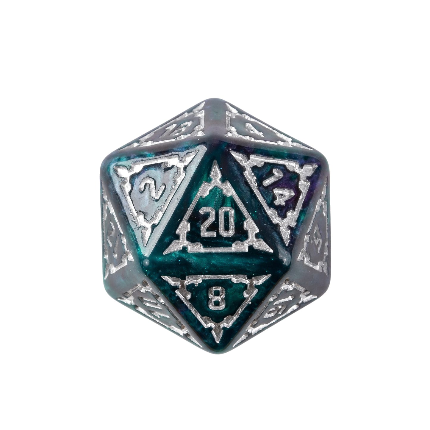 Close up of Castle Teal & Purple Chonk D20 resin dice for DnD and tabletop RPGs
