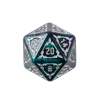 Close up of Castle Teal & Purple Chonk D20 resin dice for DnD and tabletop RPGs