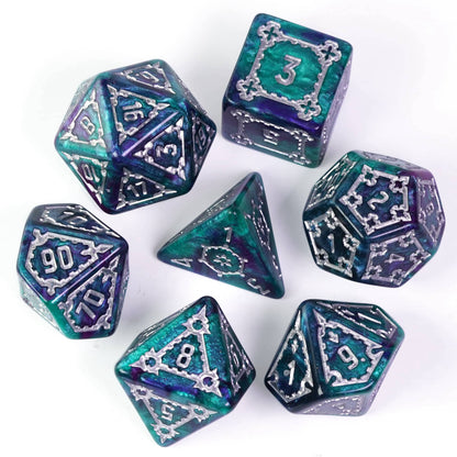 Flat lay of Castle Teal & Purple Huge Dice Set with teal and purple marbled finish for DnD & DnD 5e