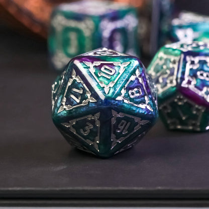 Single oversized D20 from Castle Teal & Purple Huge Dice Set with teal and purple swirl design for DnD & DnD 5e