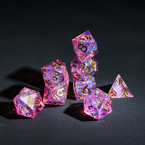 Stacked display of Celestial Heart F*ck Me Sharp Edge Dice Set showing all 7 pieces for DnD & DnD 5e