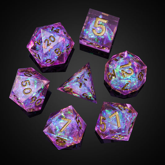 Top view of Celestial Heart polyhedral dice set