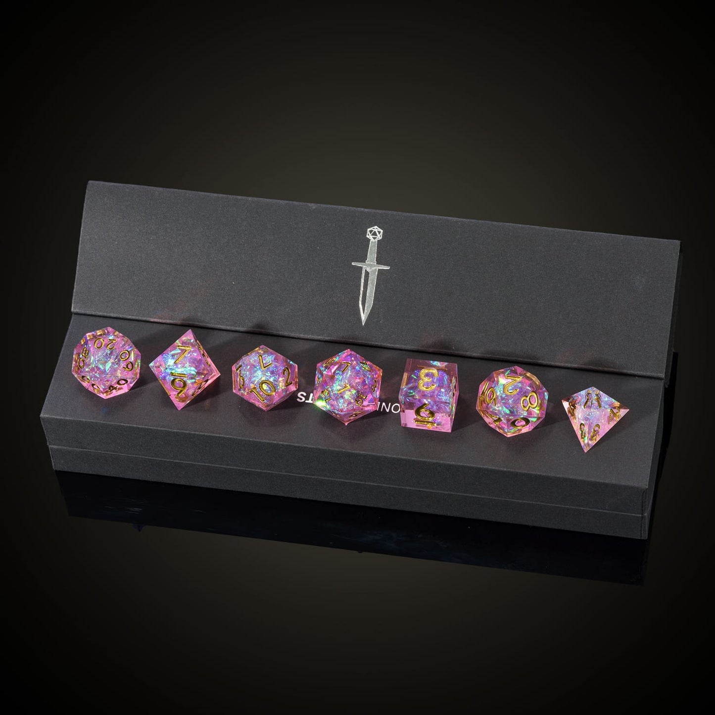 Celestial Heart sharp edge dice set in display box, pink resin dice with gold numbers for DND players