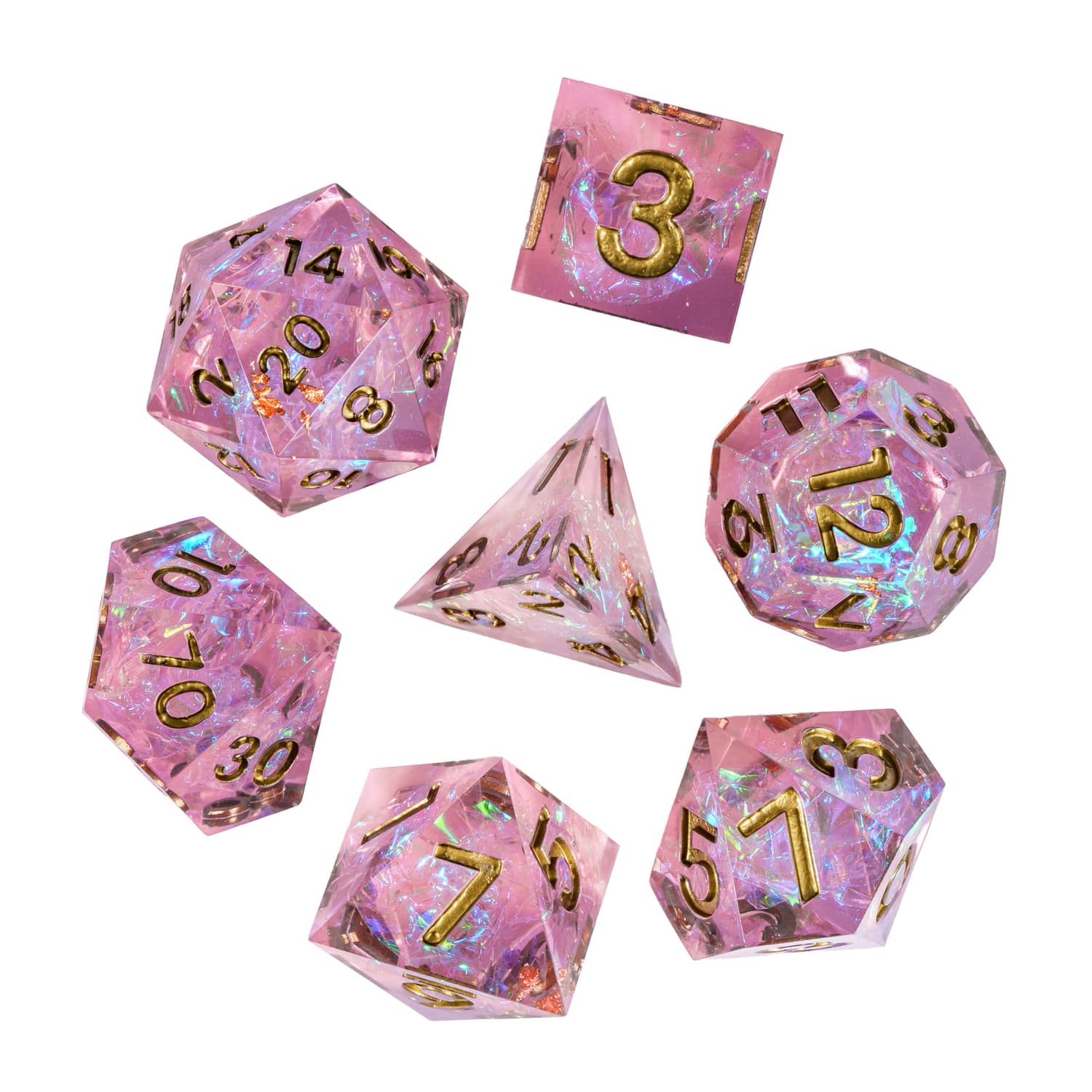 Celestial Heart sharp edge dice set, 7 piece pink resin dice with gold numbering for tabletop RPGs