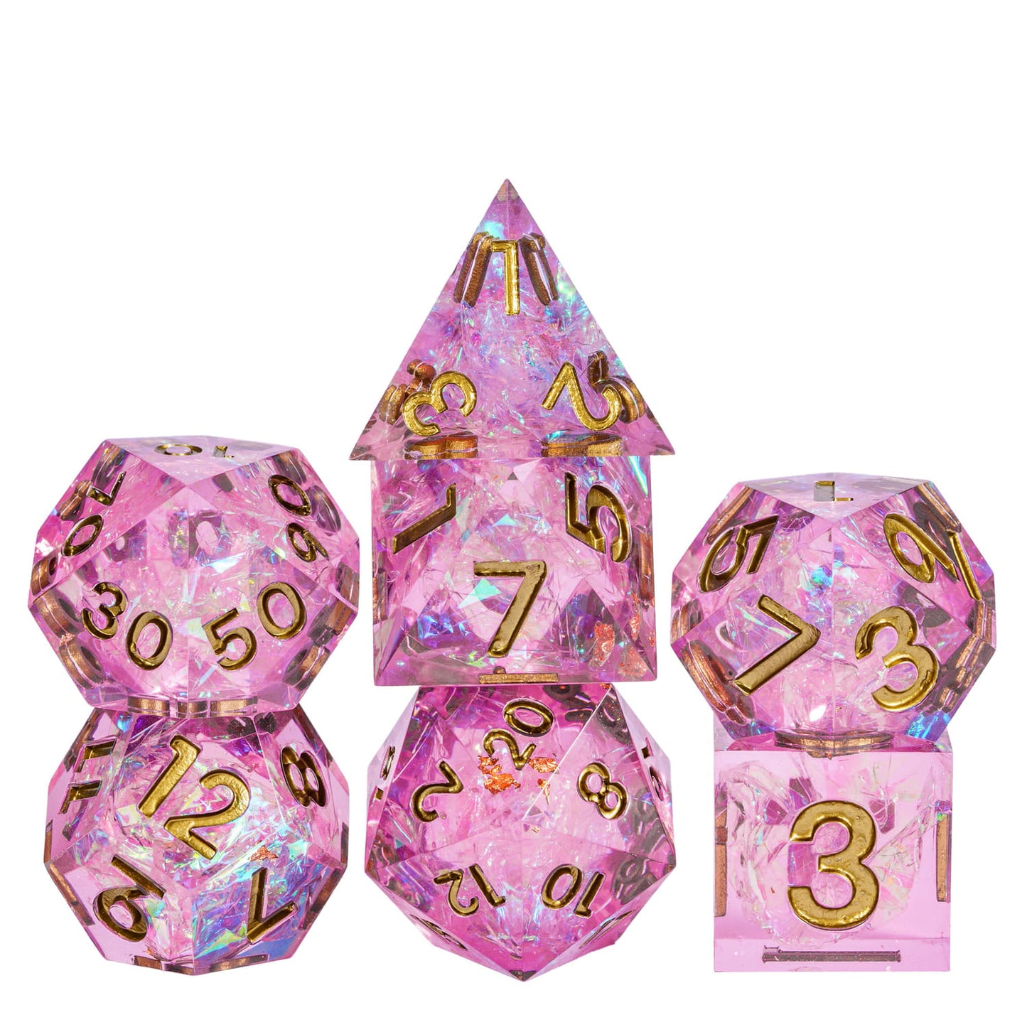 Celestial Heart sharp edge dice set on white background, pink resin DND dice with gold numbering