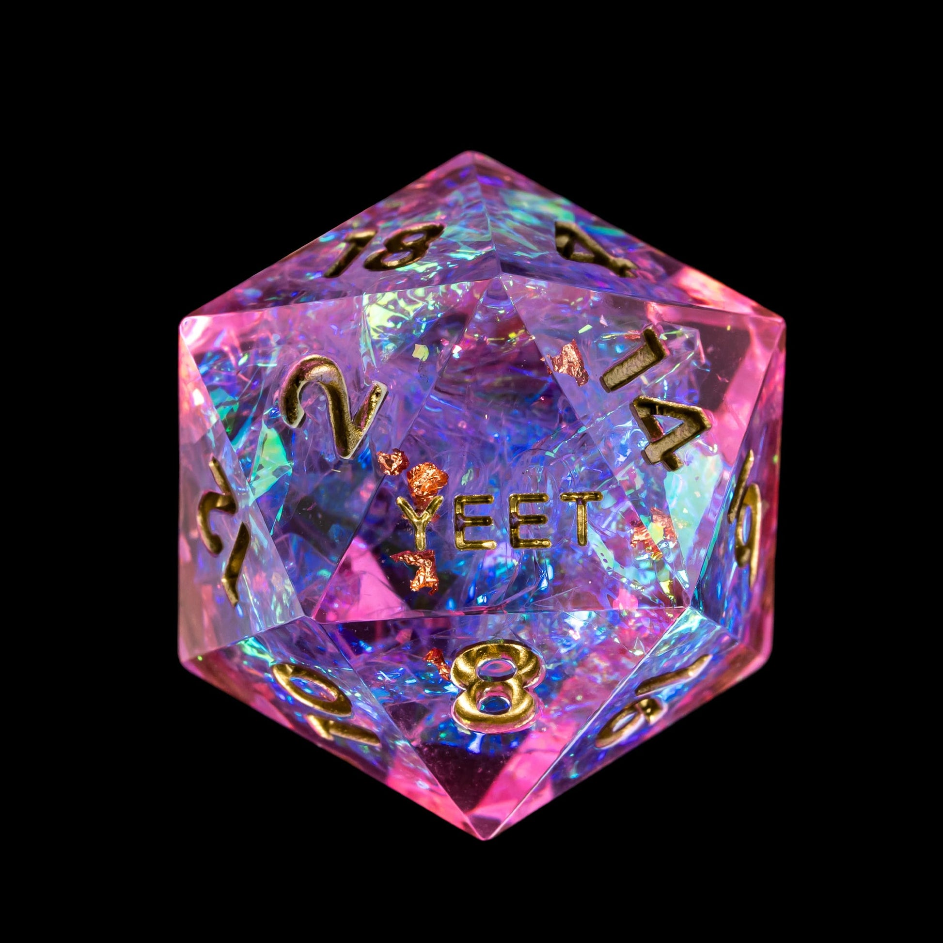 Close up of Celestial Heart Yeet Sharp Edge D20 with gold numbering for DnD & DnD 5e
