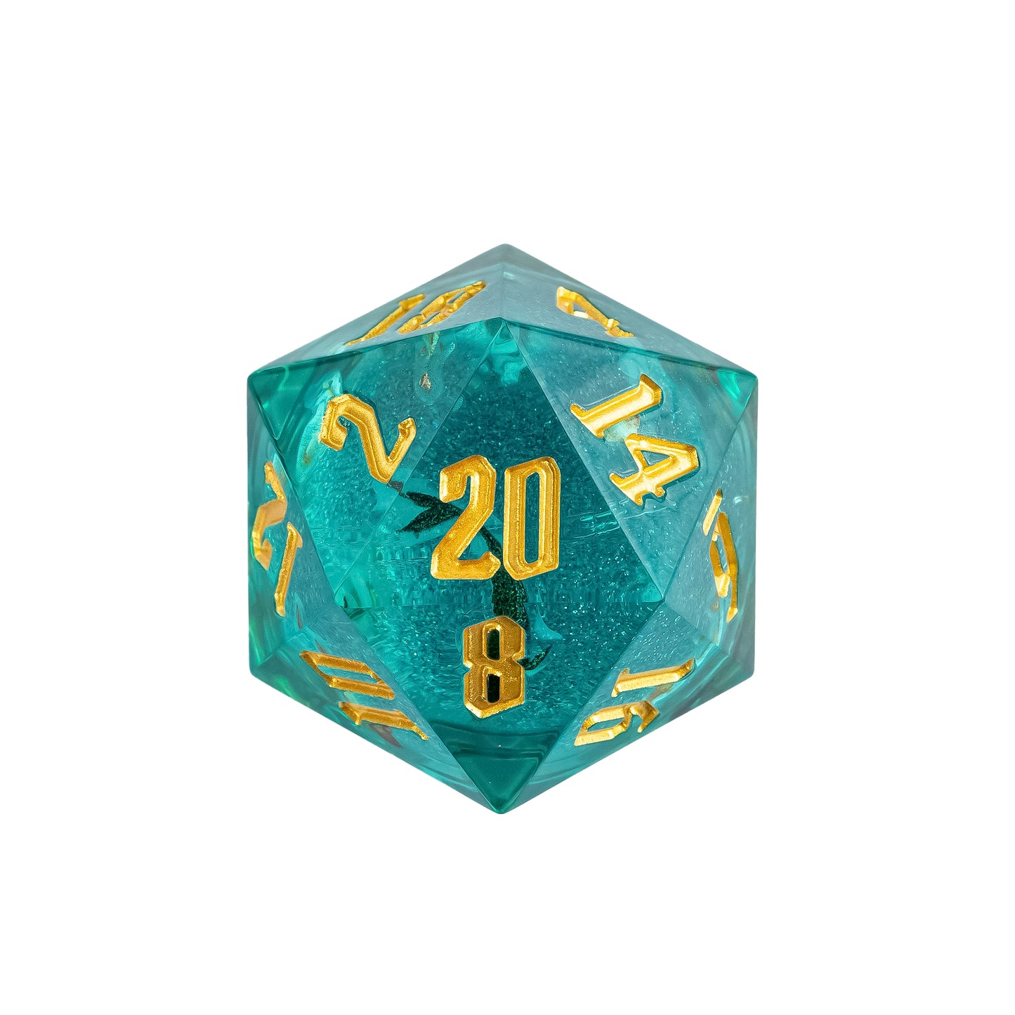 Celestial Reef sharp edge D20 in teal resin with gold numbering and suspended ocean-inspired inclusions
