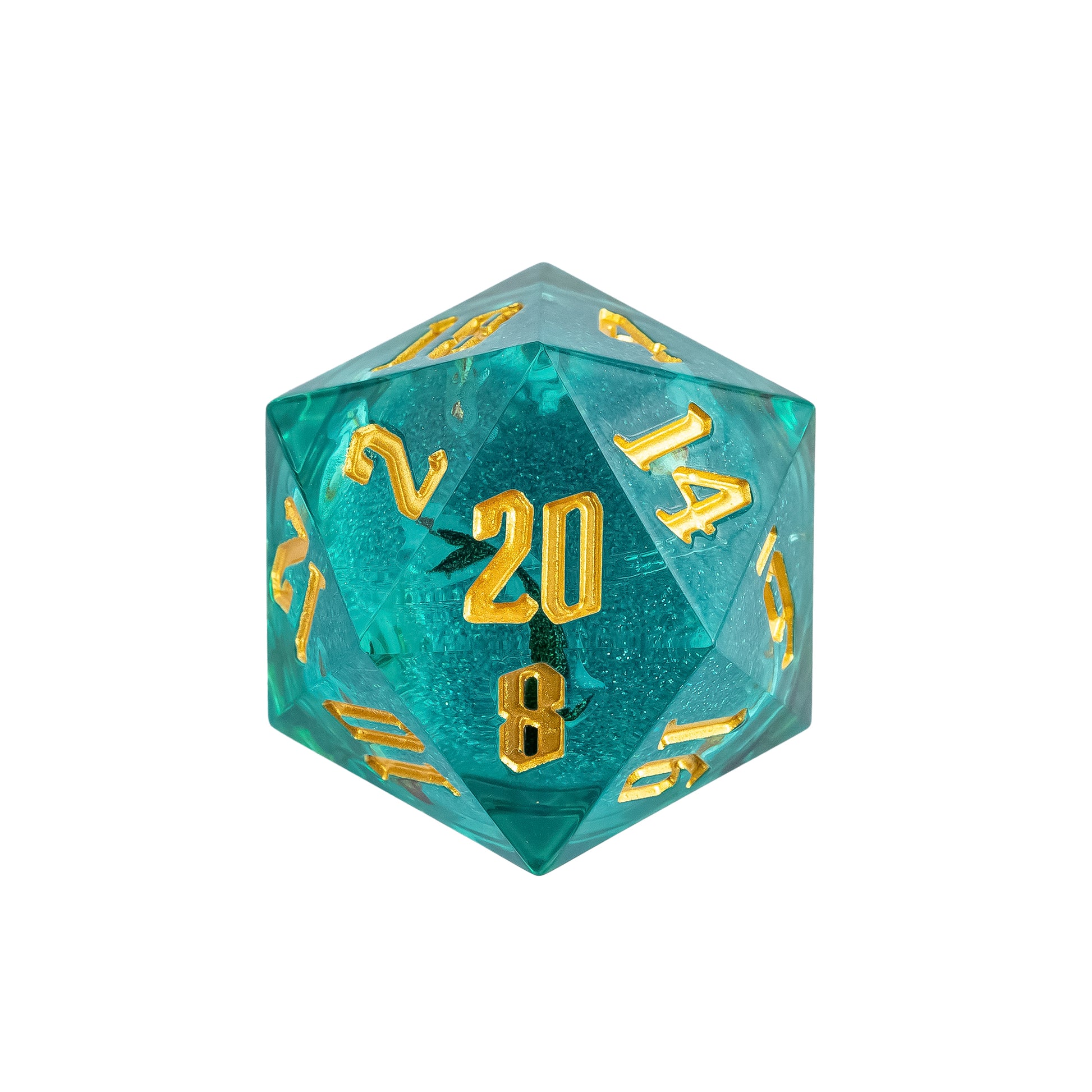 Celestial Reef sharp edge D20 in teal resin with gold numbering and suspended ocean-inspired inclusions