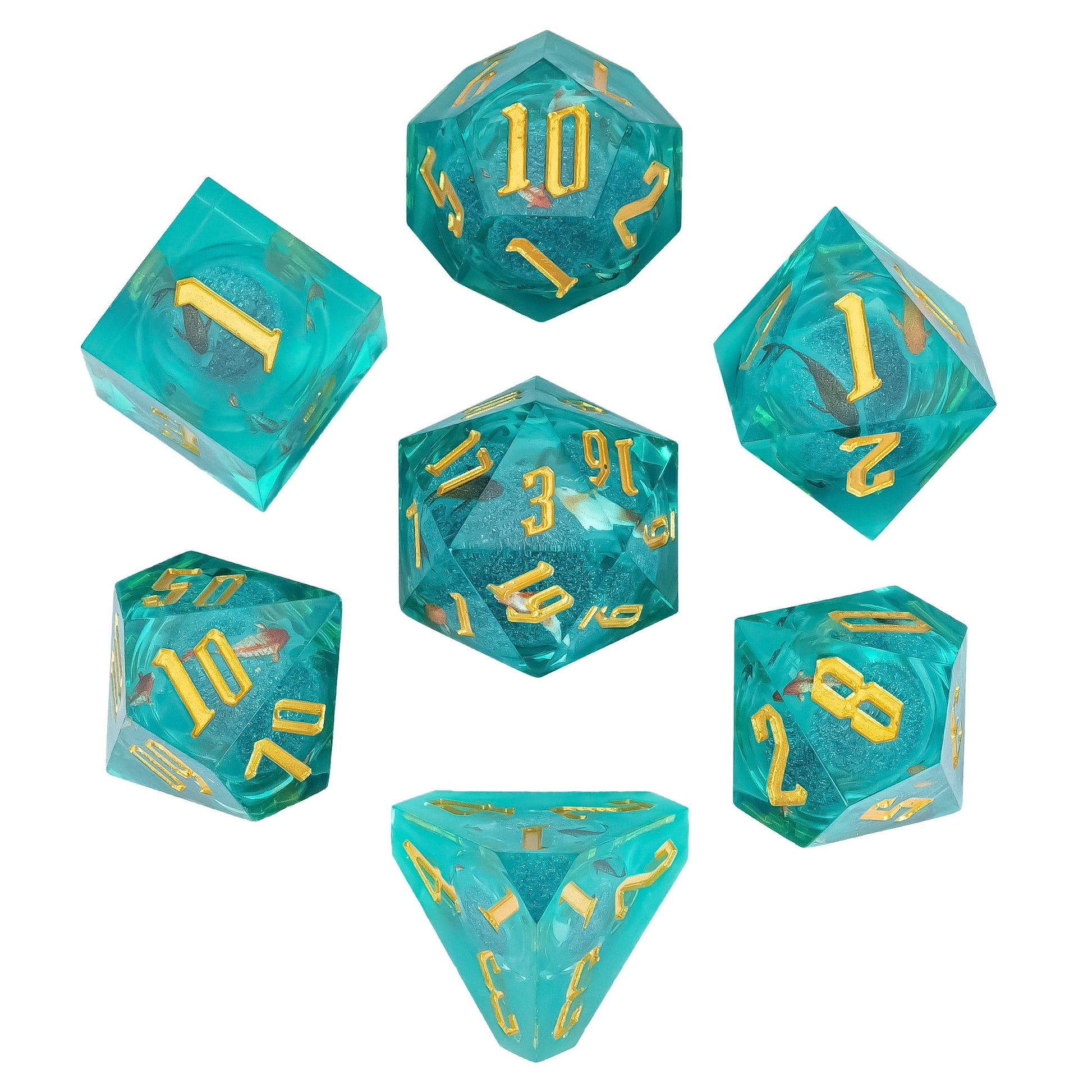 Flat lay of Celestial Reef sharp edge dice set with teal resin and gold numbers