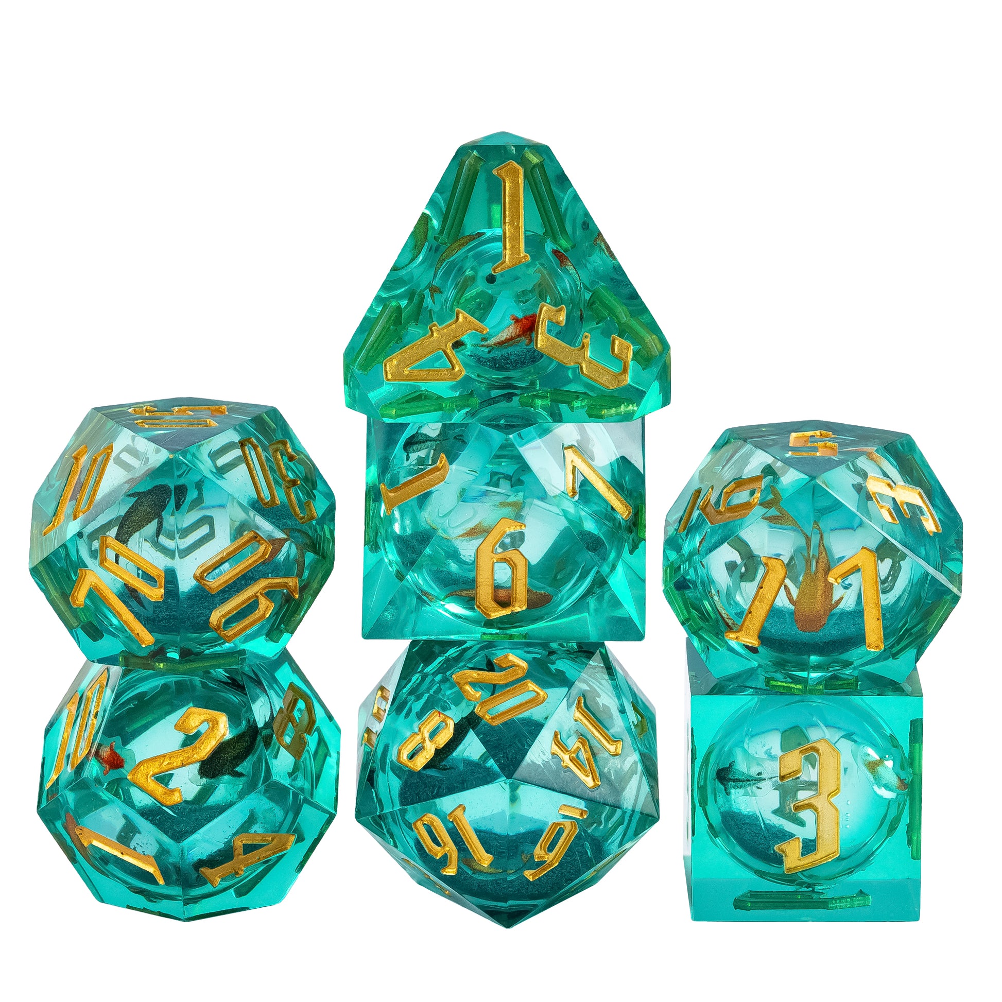 Celestial Reef sharp edge 7 piece dice set in teal resin with gold numbering for DnD