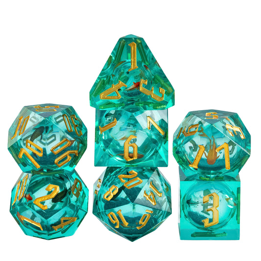 Celestial Reef sharp edge 7 piece dice set in teal resin with gold numbering for DnD