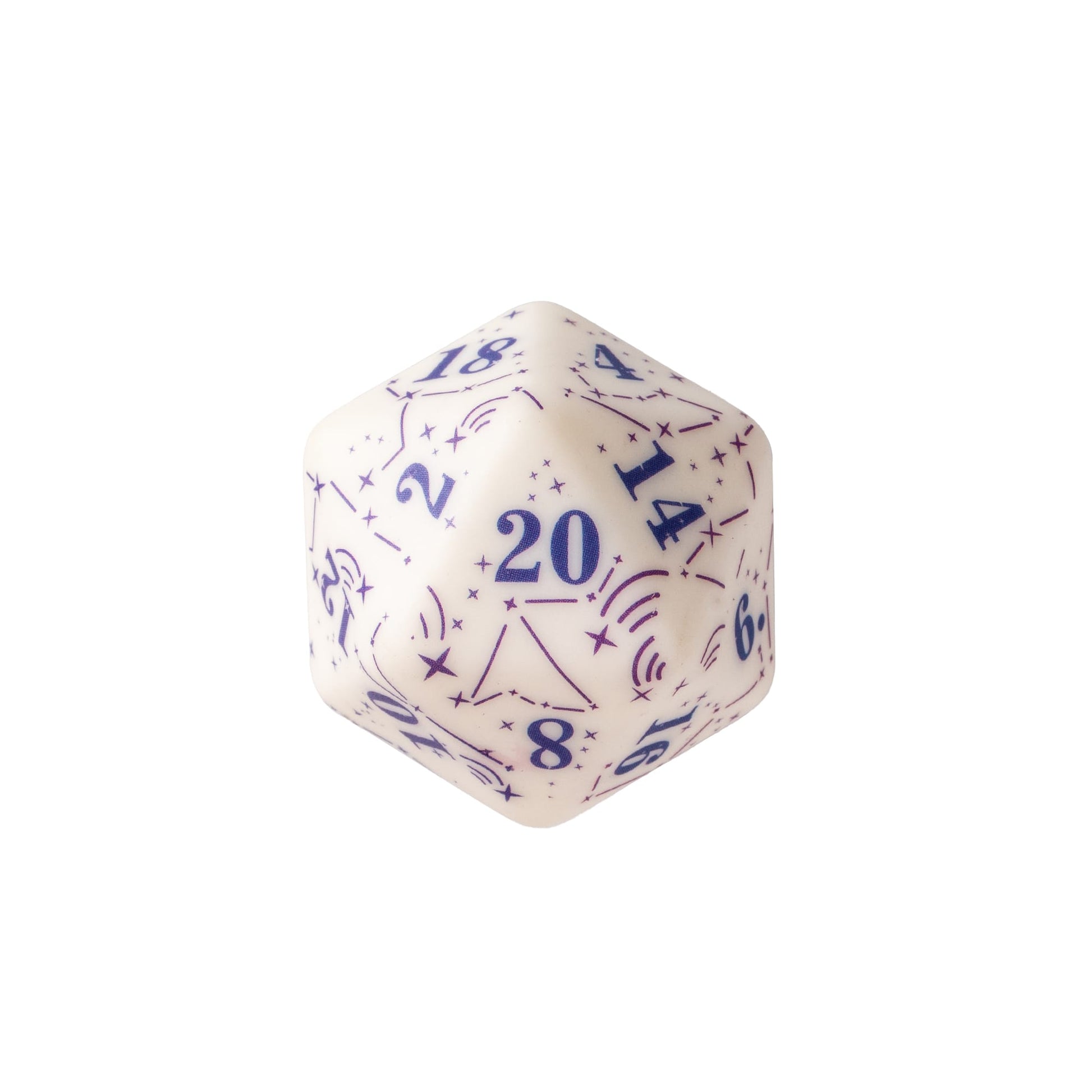 Celestial Symphony D20 featuring celestial constellation artwork, stars and cosmic symbols with deep blue numbering on an ivory resin die for DnD