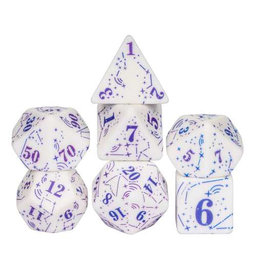 Stacked display of Celestial Symphony Dice Set with constellation designs for DnD & DnD 5e