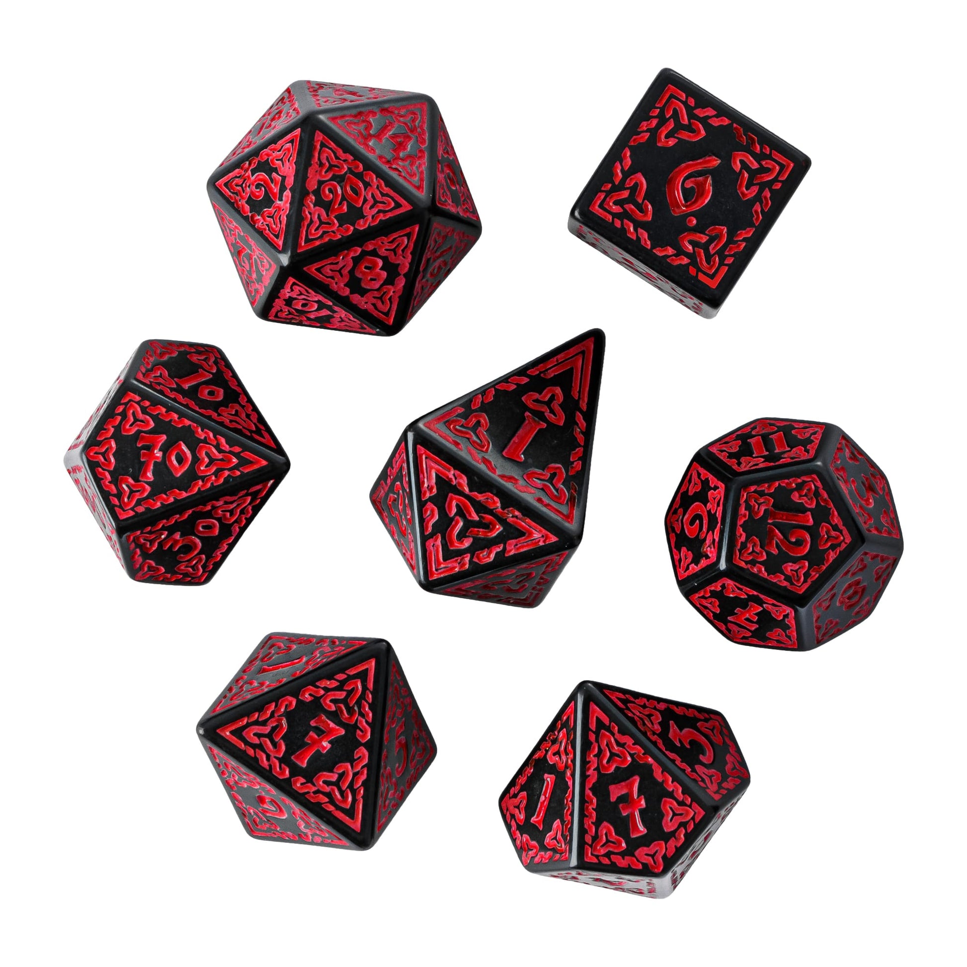 Celtic Knot Dice Set in black & red displayed on white background flat lay, 7 piece dice for DND & DND 5e
