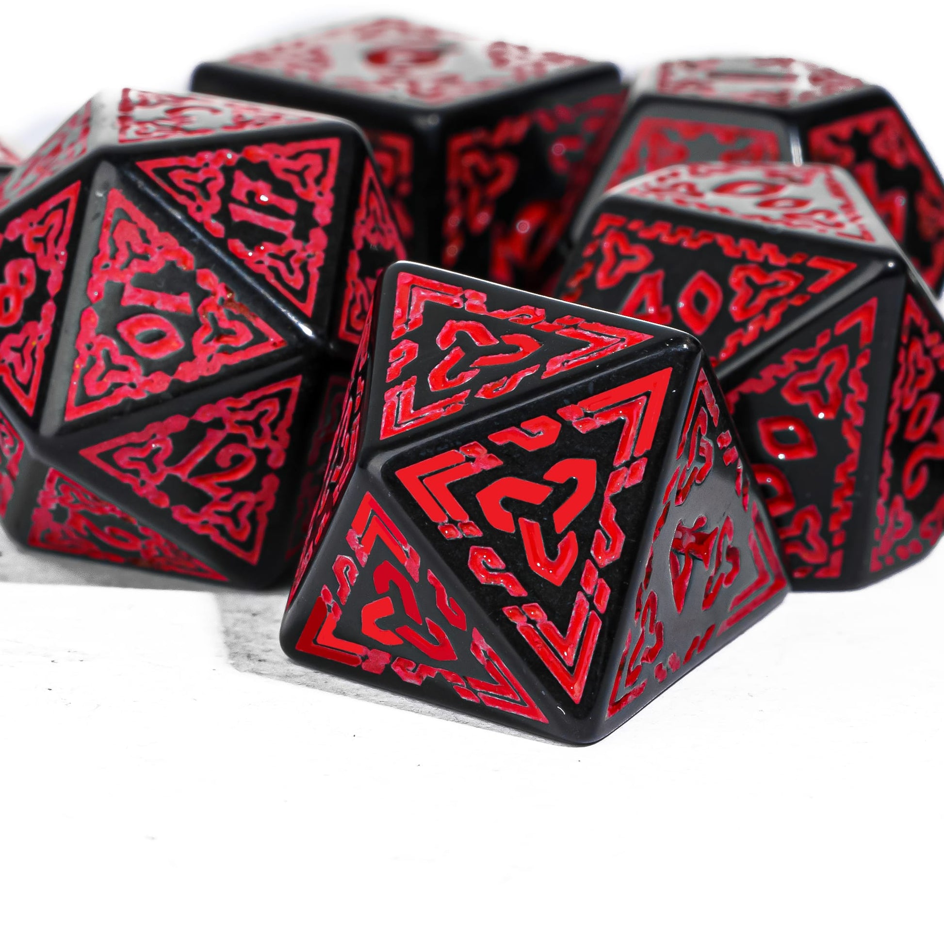 Celtic Knot Dice Set in black & red, full 7 piece dice set isolated on white background for DND & DND 5e