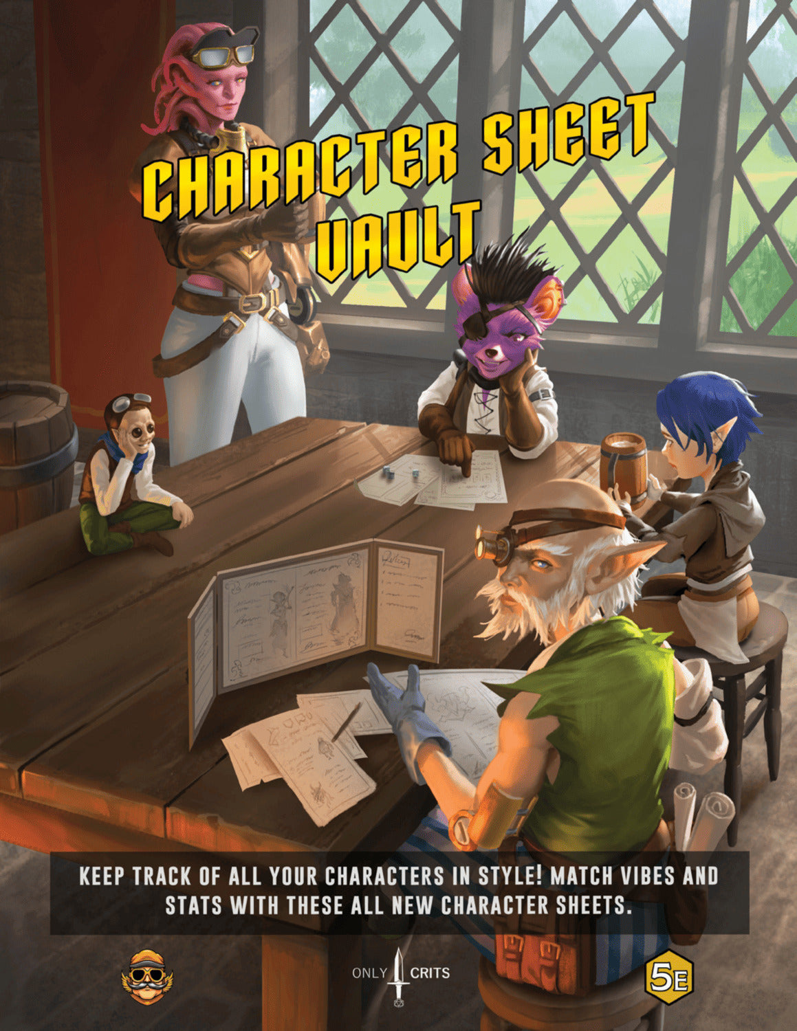 Character Sheet Vault DnD 5e title page artwork. A party of adventurers goblin, elf, gnome, tabaxi, and tiefling fill out custom character sheets in a bright, medieval-style room. For 5e players, by Only Crits.