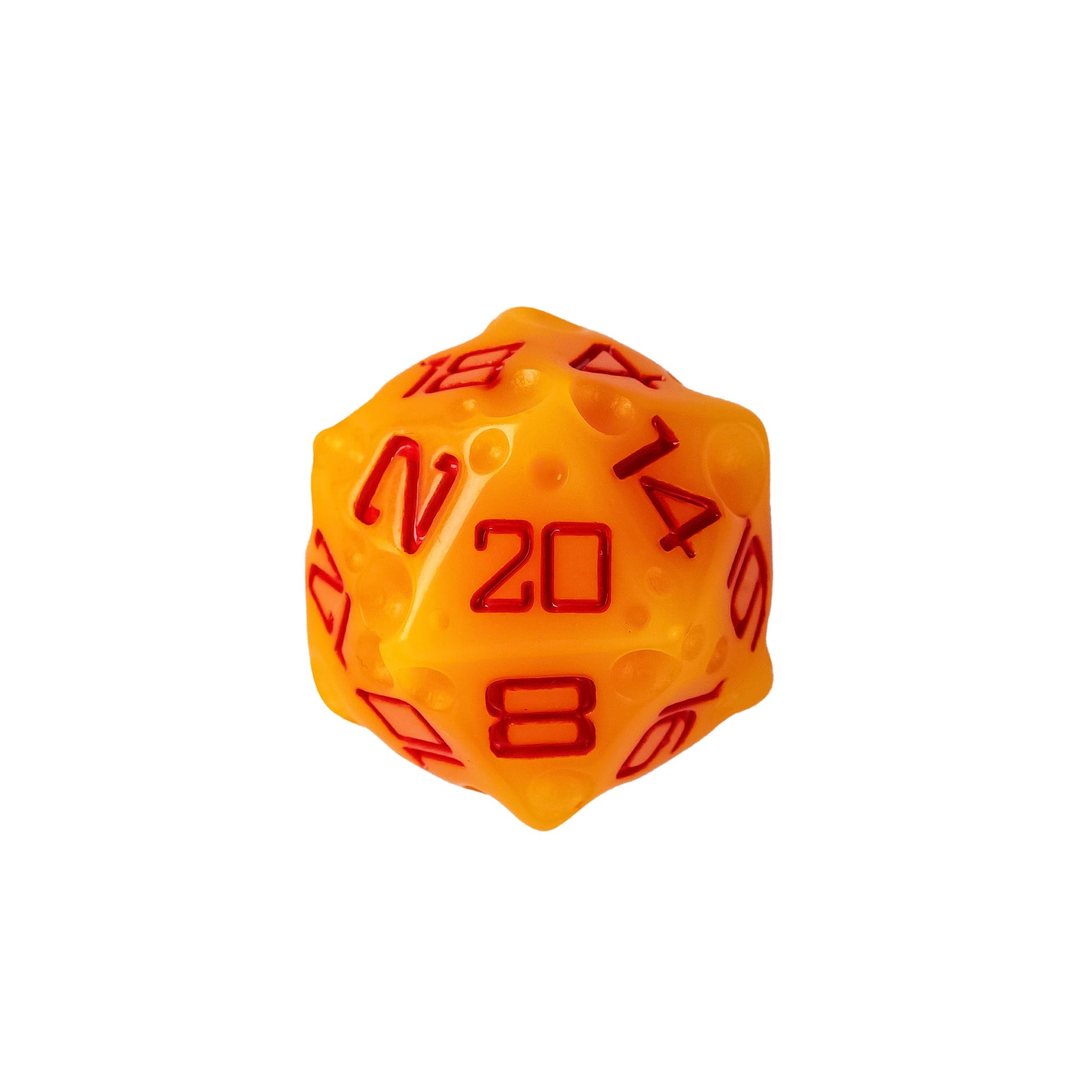 Cheese Dice Set D20 featuring realistic cheese wedge texture with orange resin and red numbering for DnD and tabletop RPGs