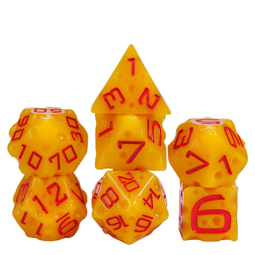 Cheese Dice Set, yellow dice with red numbers, 7 piece RPG dice set for DnD & DnD 5e