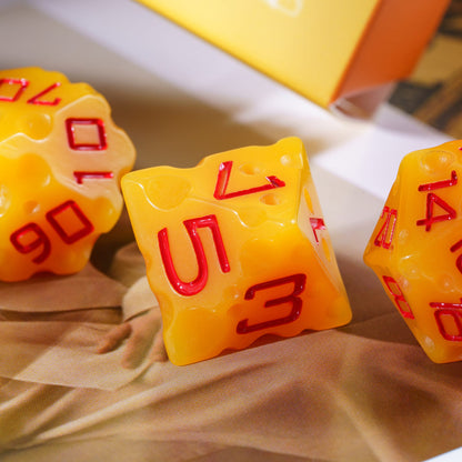 Cheese Dice Set D6, yellow die with red numbers, fun RPG dice for DnD & DnD 5e