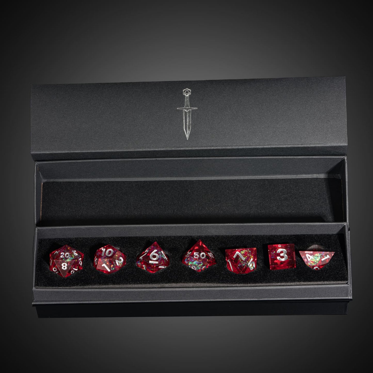 Chromatic Blood DND dice set in black box with sharp red styling