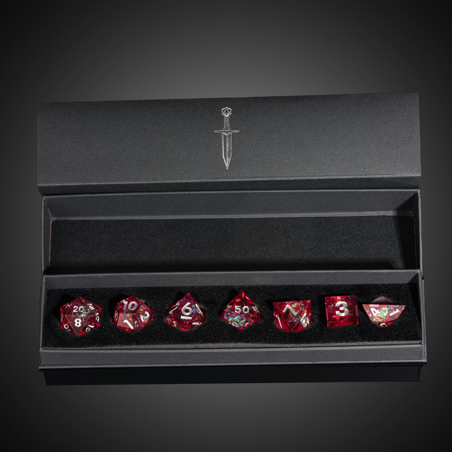 Chromatic Blood DND dice set in black box with sharp red styling