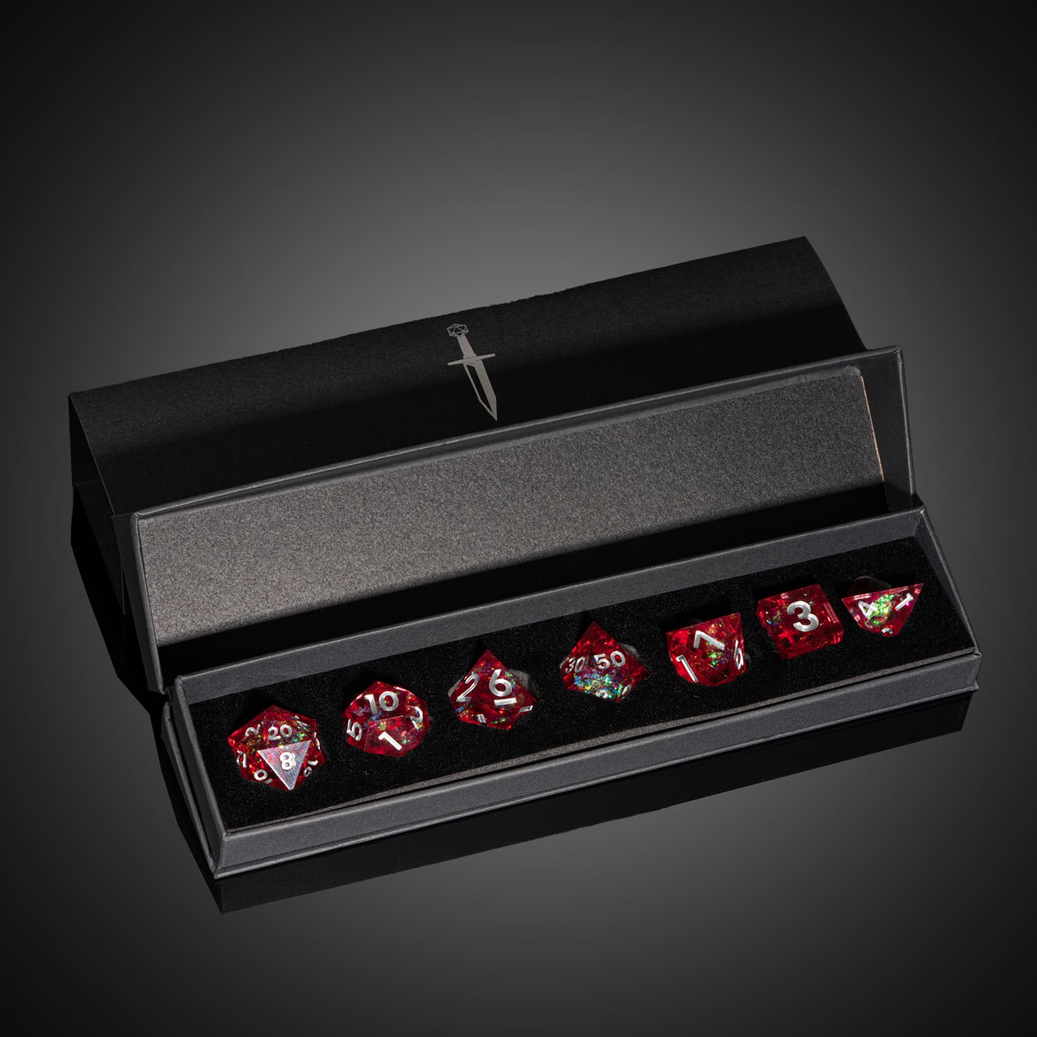 Chromatic Blood sharp edge dice displayed neatly in only crits box