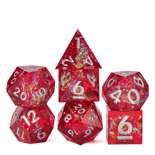 Stacked red Chromatic Blood DND dice sharp edge set