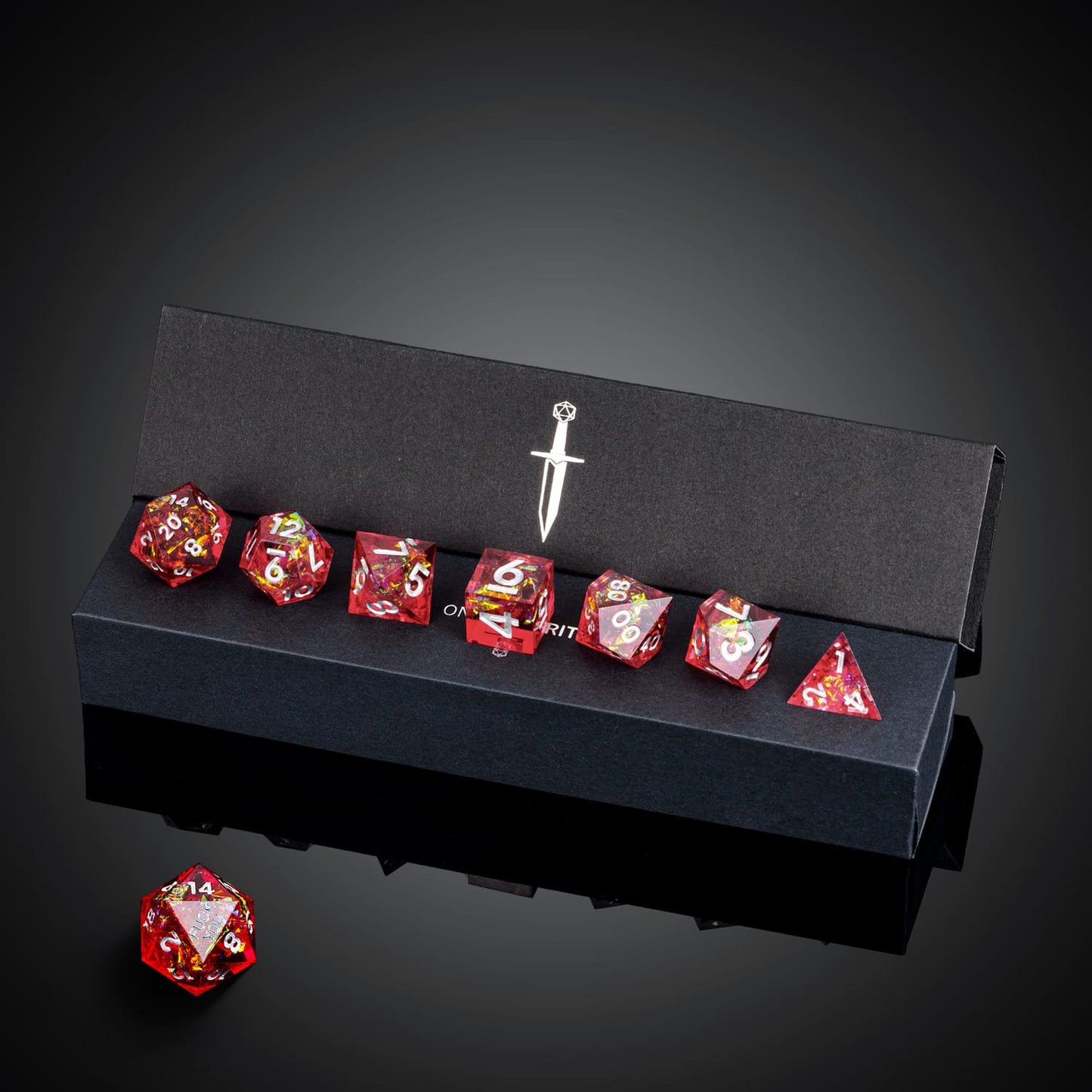 Chromatic Blood F*ck Me Sharp Edge Dice Set in premium black box packaging with 7 dice for DnD