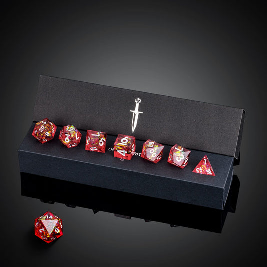 Chromatic Blood F*ck Me Sharp Edge Dice Set in premium black box packaging with 7 dice for DnD