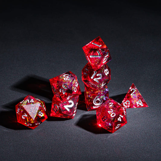 Stacked display of Chromatic Blood F*ck Me Sharp Edge Dice Set showing all 7 dice for Dungeons & Dragons