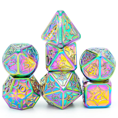 full chromatic prism metal dice set stacked on white background
