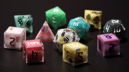 DND Class Dice 11-piece pastel sharp edge dice sets with class icons, premium polyhedral dice for tabletop RPG players