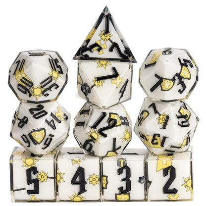 Stacked display of Cleric Class Dice from the Pastel Sharp Edge Dice Set designed for DnD & RPG play