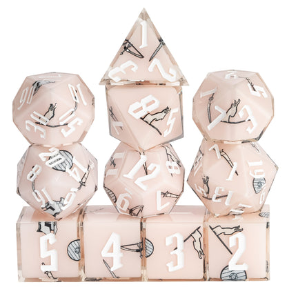 Stacked display of Fighter Class Dice from the Pastel Sharp Edge Dice Set for Dungeons & Dragons