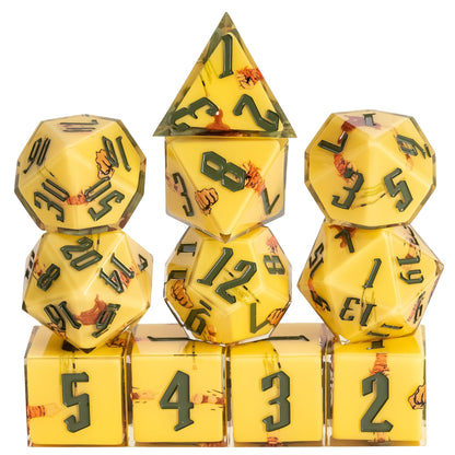 Stacked display of Monk Class Dice from the Pastel Sharp Edge Dice Set for DnD & tabletop games
