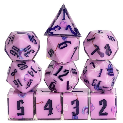 Stacked display of Warlock Class Dice from the Pastel Sharp Edge Dice Set for DnD 5e adventures