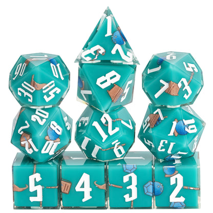Stacked display of Wizard Class Dice from the Pastel Sharp Edge Dice Set for DnD & tabletop gaming