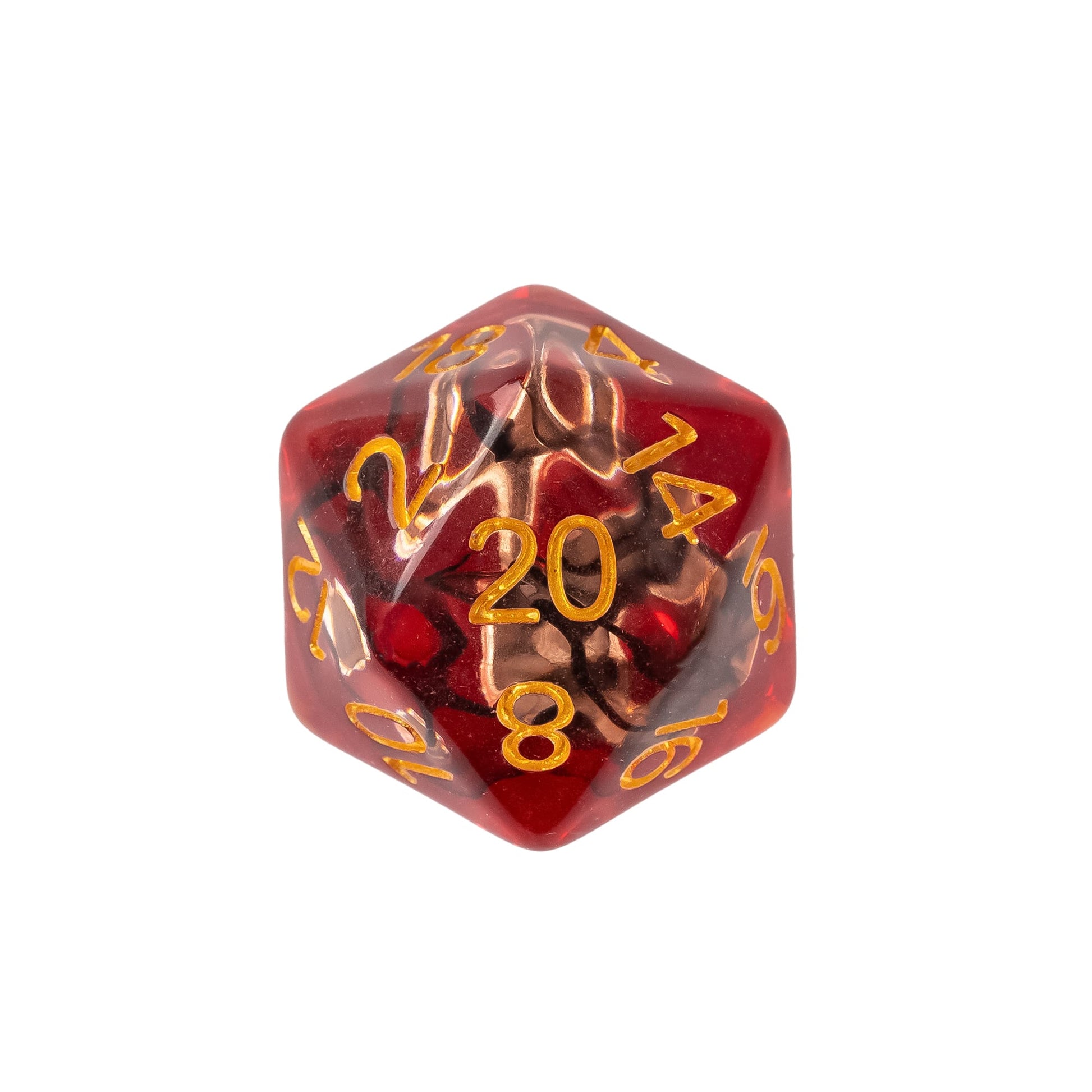 Close up of Class Weapons resin D20 featuring themed weapon-inspired artwork and metallic numbering