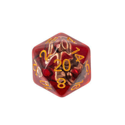 Close up of Class Weapons resin D20 featuring themed weapon-inspired artwork and metallic numbering
