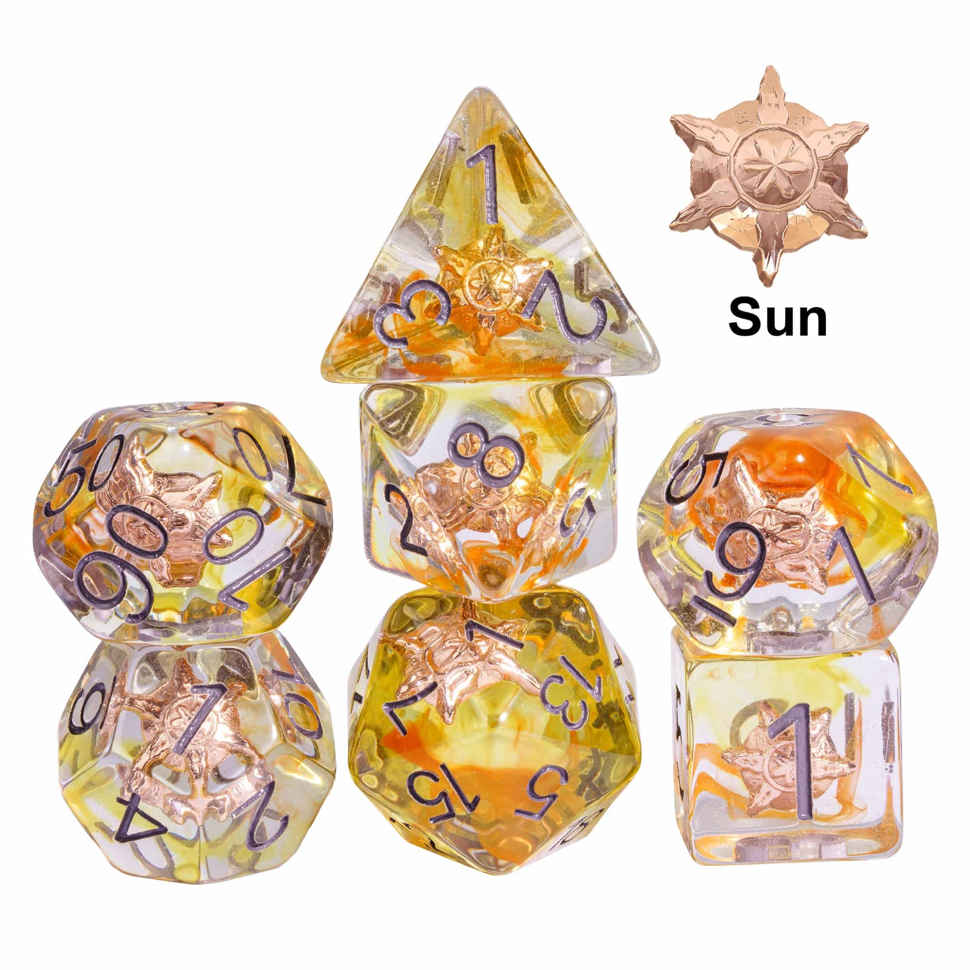 Class Weapons Cleric Sun Dice Set, radiant resin 7 piece sharp edge dice for DnD & DnD 5e