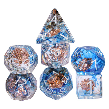 Class Weapons Fighter Shield Dice Set, resin 7 piece RPG dice with shield motif for DnD & DnD 5e