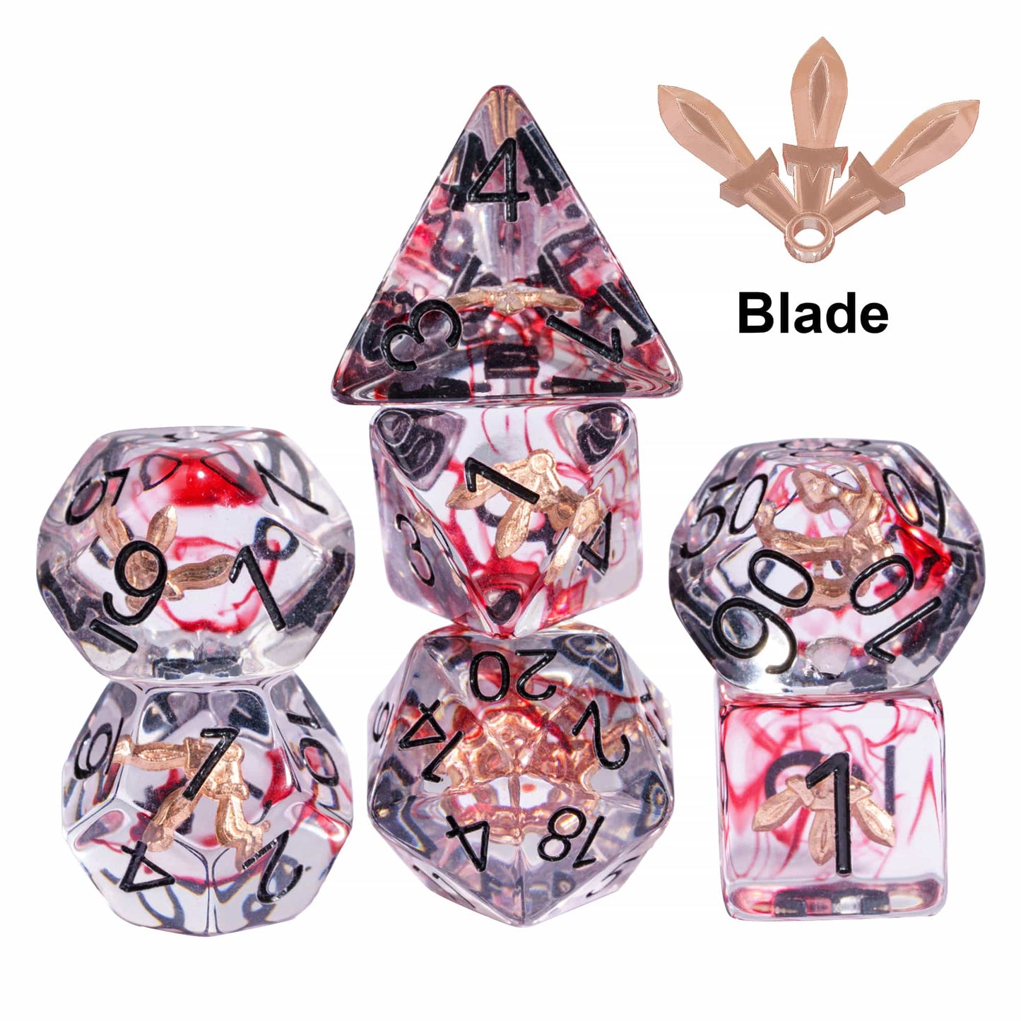 Class Weapons Rogue Blade Dice Set, clear red resin 7 piece dice with embedded blades for DnD & DnD 5e