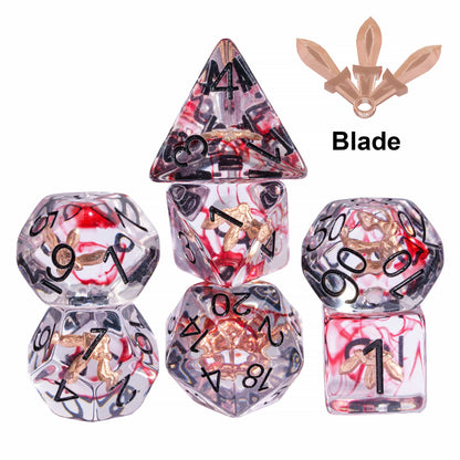 Class Weapons Rogue Blade Dice Set, clear red resin 7 piece dice with embedded blades for DnD & DnD 5e