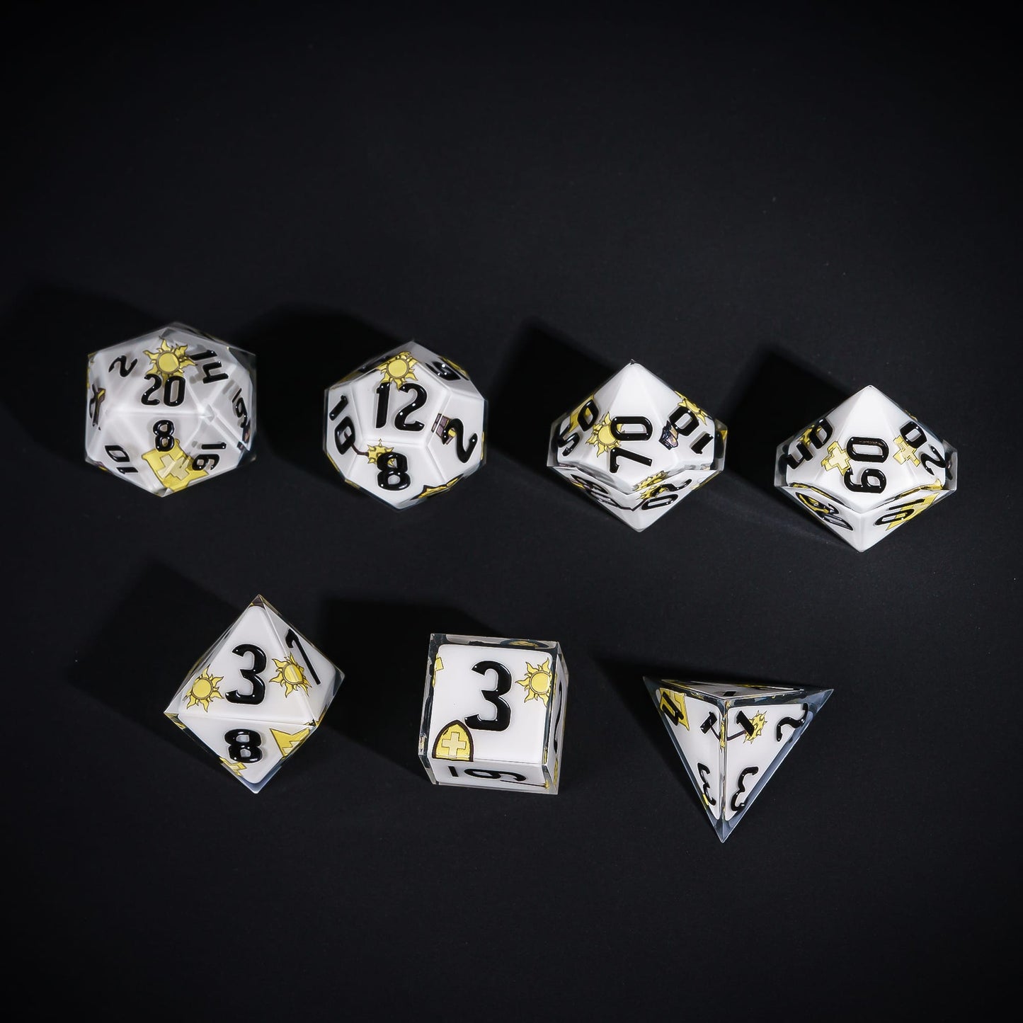 White Cleric Dice Set, 7 piece pastel polyhedral dice for tabletop roleplaying games