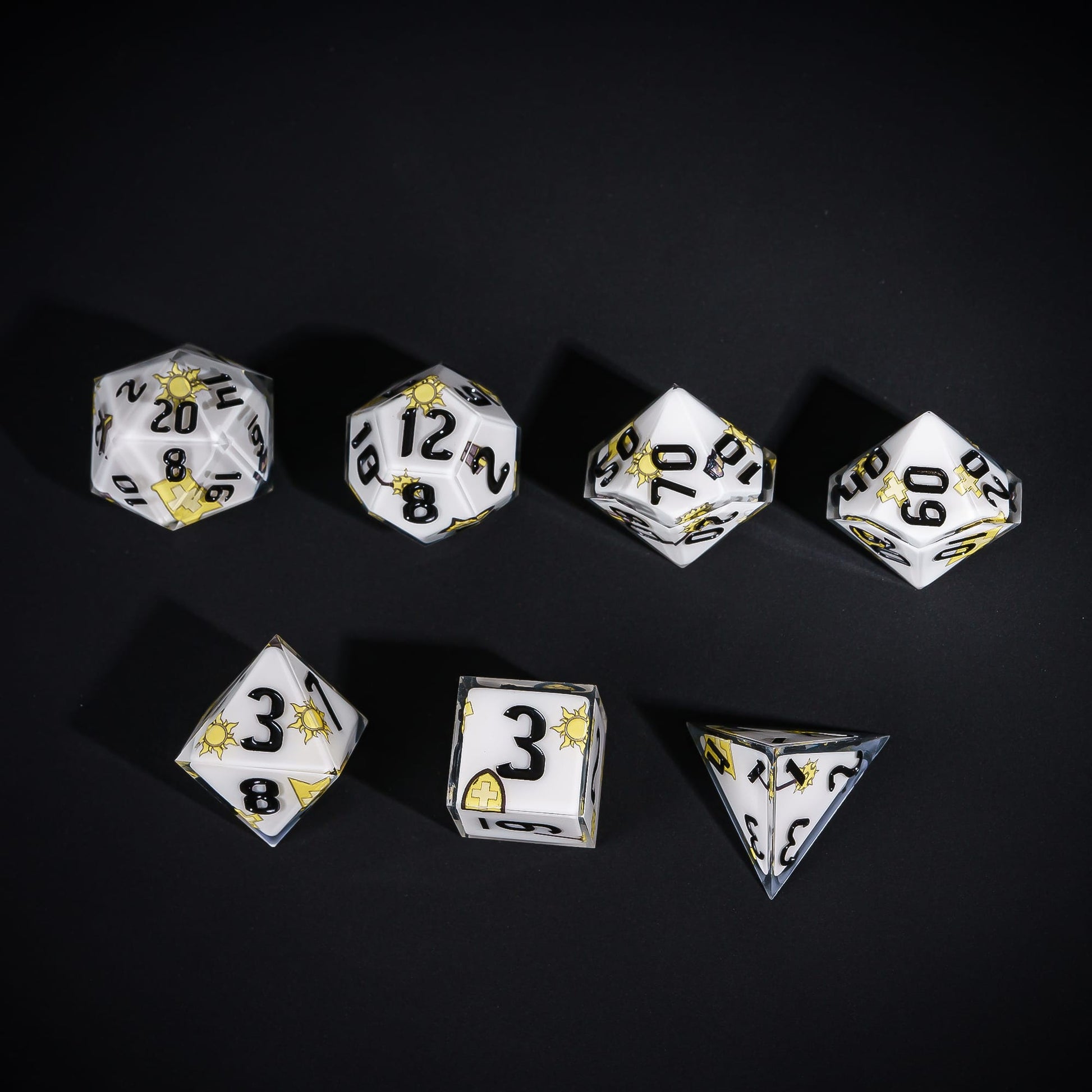 White Cleric Dice Set, 7 piece pastel polyhedral dice for tabletop roleplaying games