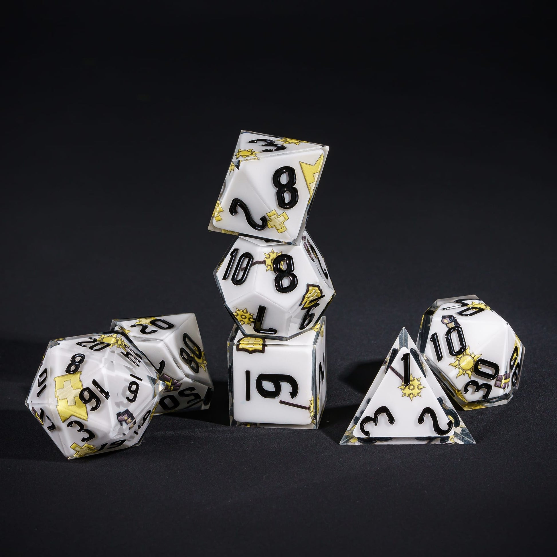 White Cleric Dice Set, 7 piece pastel sharp edge dice for DND 5e players
